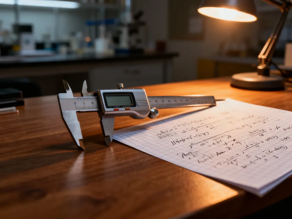 Cyfrowa suwmiarka na kartce z obliczeniami matematycznymi, symbolizująca precyzyjne pomiary i analizę błędów.