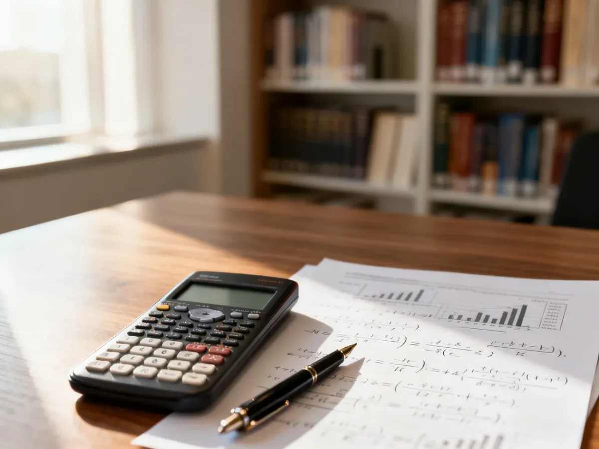 Kalkulator naukowy i notatki z równaniami statystycznymi na biurku, przygotowane do obliczeń matematycznych.