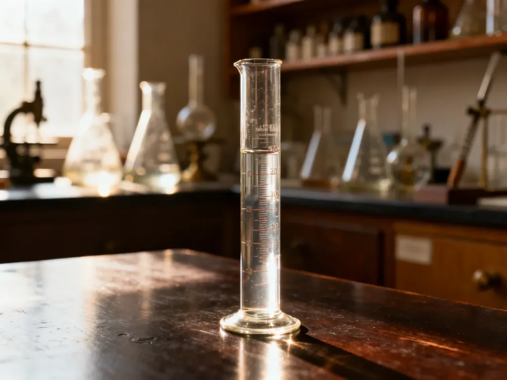 Szklany cylinder miarowy z płynem na drewnianym stole w laboratorium, nawiązujący do pomiarów objętości.