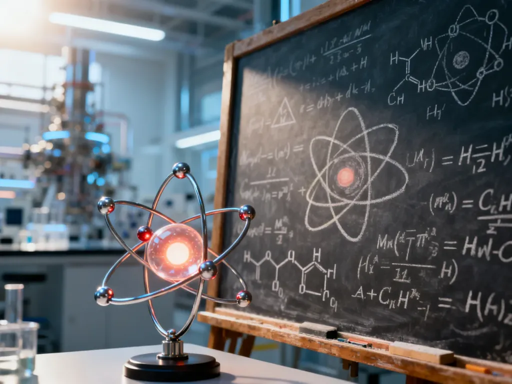Model atomu z widocznym jądrem na tle tablicy z równaniami chemicznymi, ilustrujący budowę materii.