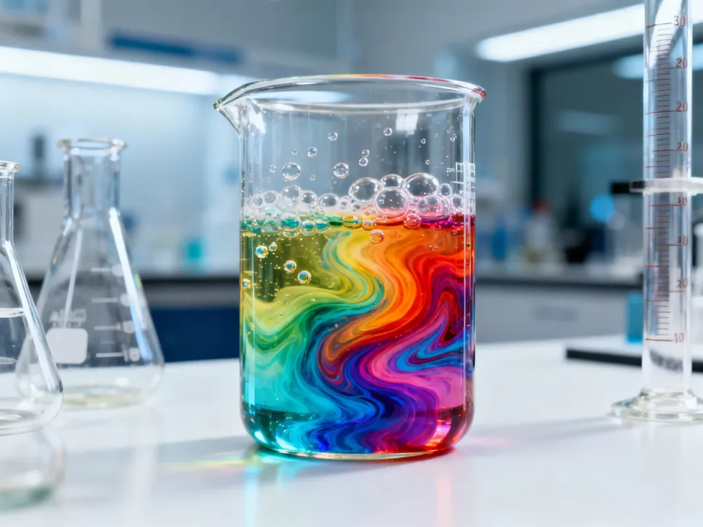 Kolorowa reakcja chemiczna w zlewce laboratoryjnej na tle profesjonalnego sprzętu badawczego.
