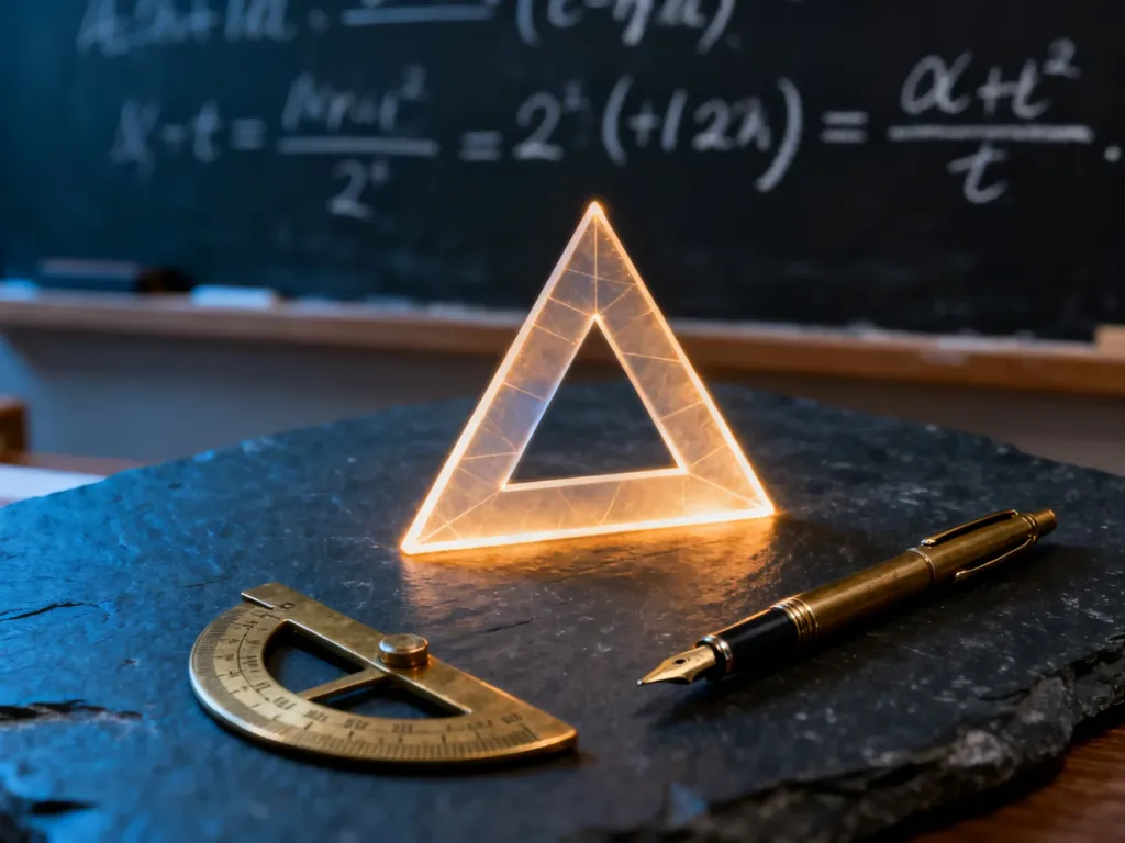 Geometryczny trójkąt, kątomierz i pióro na tle tablicy z wzorami matematycznymi, ilustrujące obliczanie funkcji trygonometrycznych.