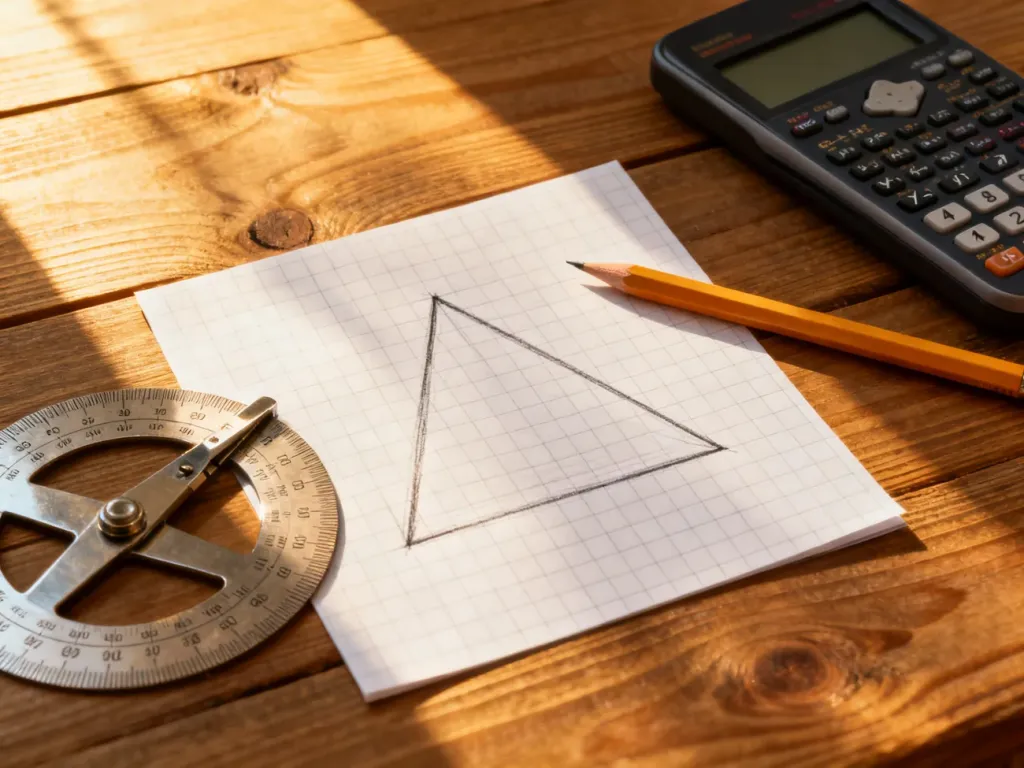 Geometryczny rysunek trójkąta na papierze milimetrowym, obok którego leży kątomierz i kalkulator naukowy.