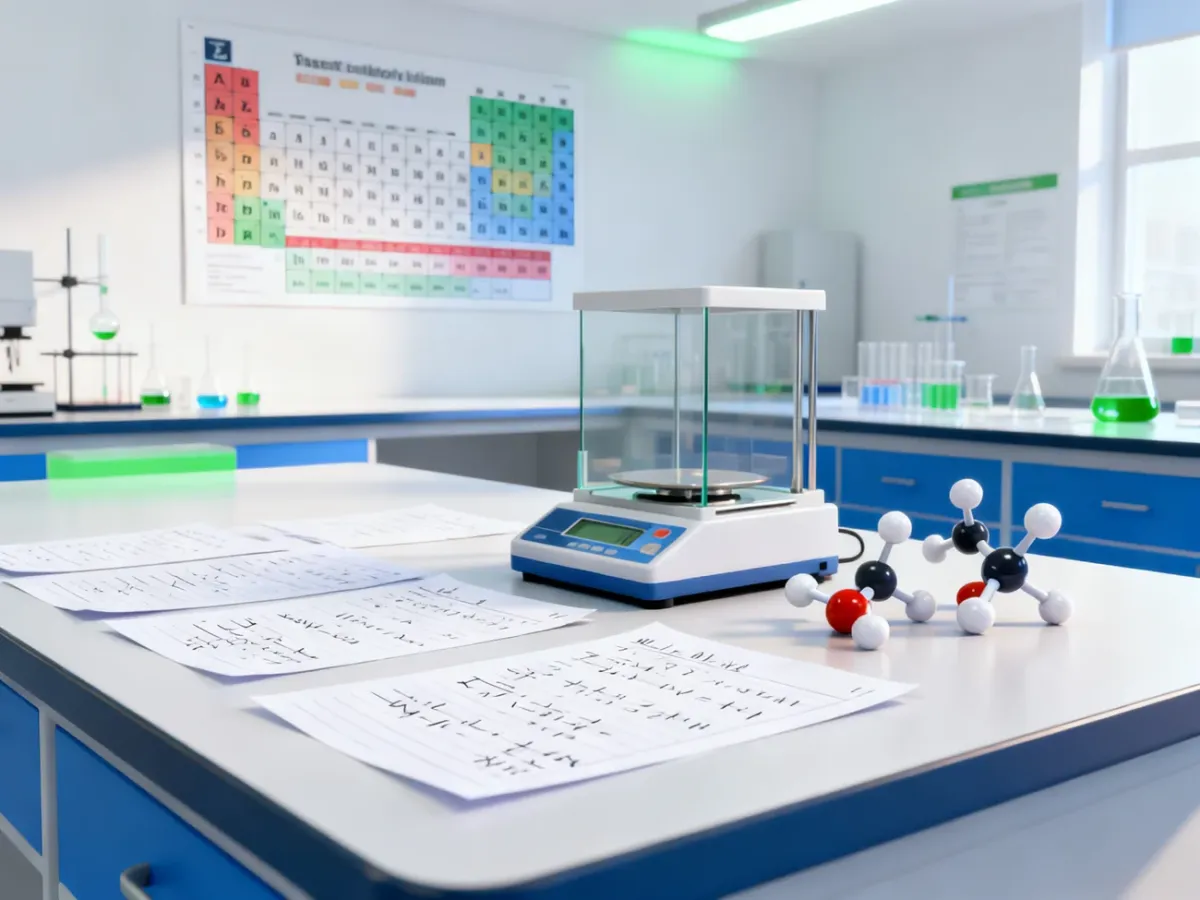Przyrządy laboratoryjne i modele cząsteczek ilustrujące obliczanie wzoru chemicznego