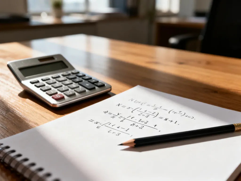 Notatnik z zapisanymi wzorami matematycznymi, kalkulator i ołówek na biurku, przygotowane do obliczeń średniej ważonej.
