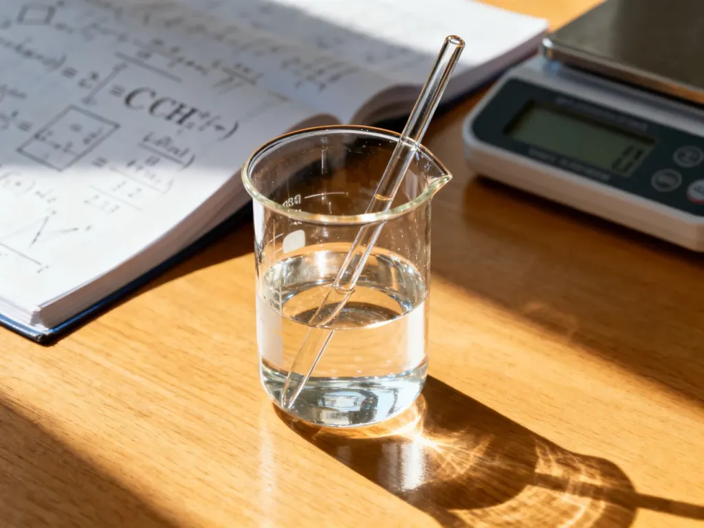 Szklana zlewka z roztworem chemicznym i mieszadłem na tle podręcznika z wzorami, ilustrująca obliczenia chemiczne.