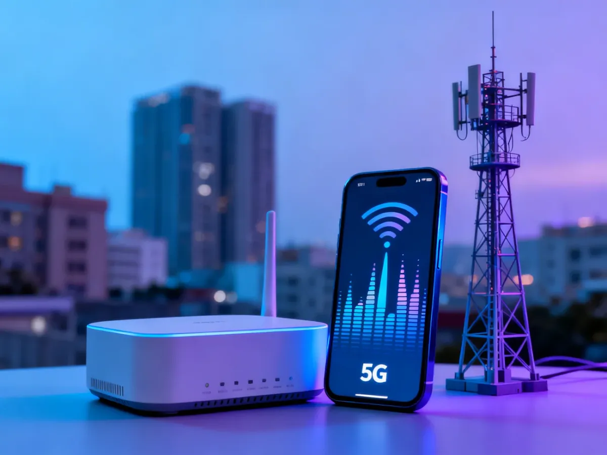 Smartfon i router 5G na tle miejskiej stacji bazowej