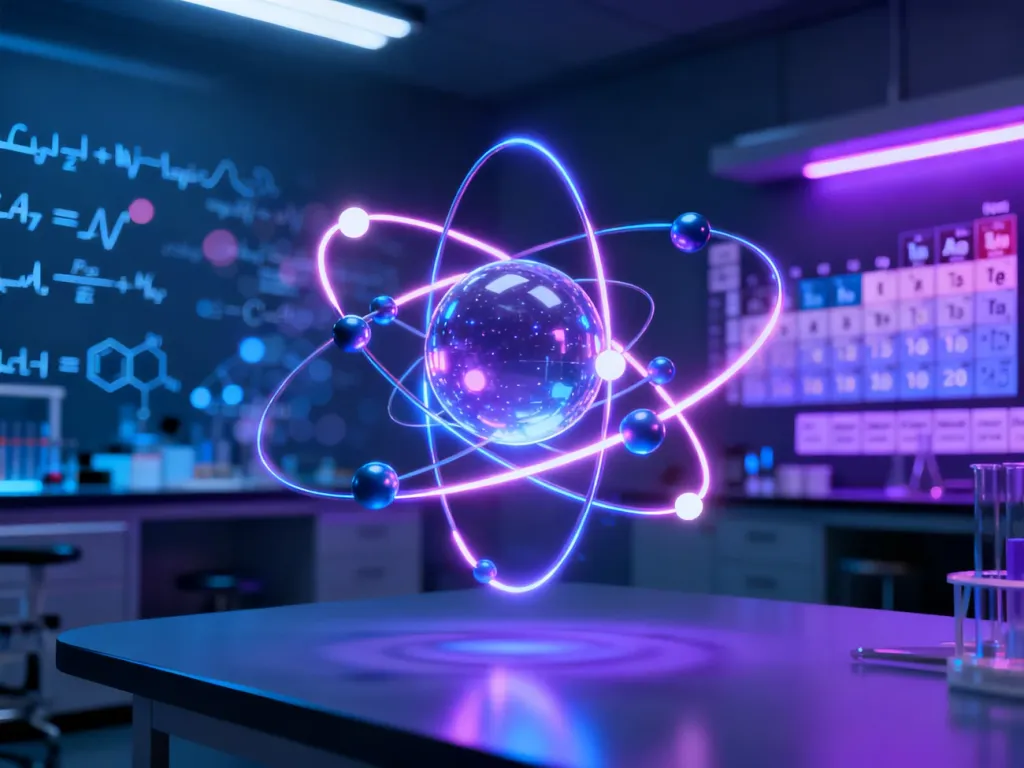 Model atomu z widocznymi powłokami elektronowymi i orbitującymi cząstkami na tle wzorów chemicznych.