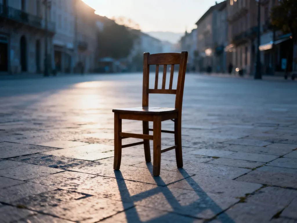 Puste krzesło na środku placu symbolizujące bierny opór i spokojny sprzeciw w miejskiej scenerii o świcie.