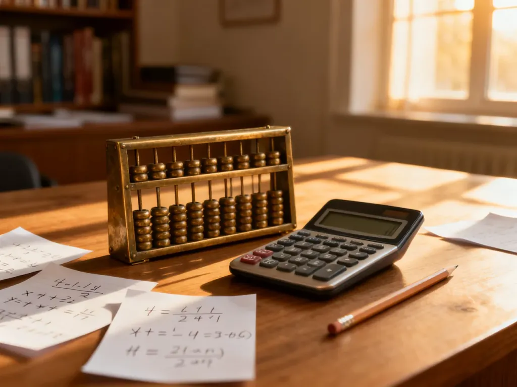 Drewniane biurko z liczydłem i kalkulatorem oraz notatkami z równaniami matematycznymi, ilustrujące obliczenia.