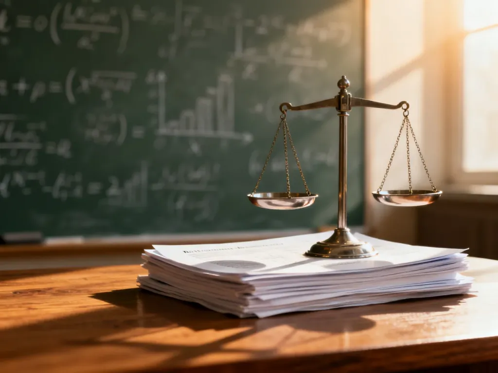 Waga sprawiedliwości na stosie dokumentów naukowych na tle tablicy z matematycznymi wzorami statystycznymi.