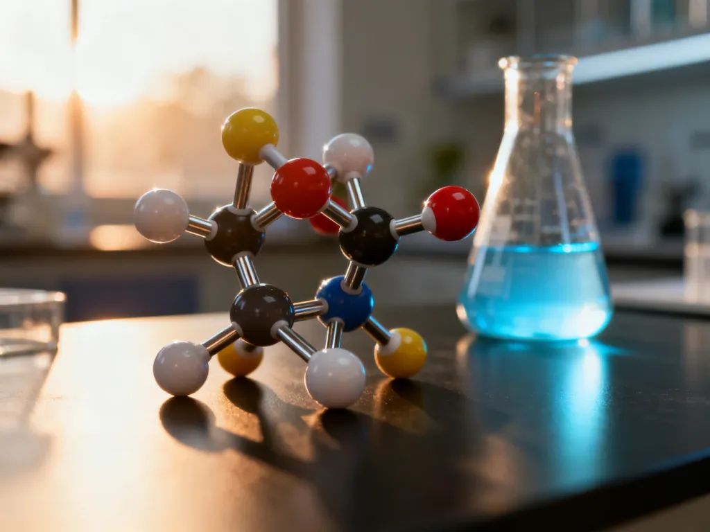 Model cząsteczki chemicznej z kolorowymi kulami i wiązaniami na laboratoryjnym stole w świetle poranka.