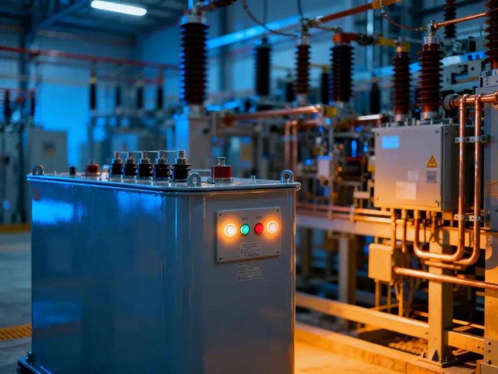 Profesjonalna bateria kondensatorów w stacji elektroenergetycznej, służąca do kompensacji mocy biernej indukcyjnej.