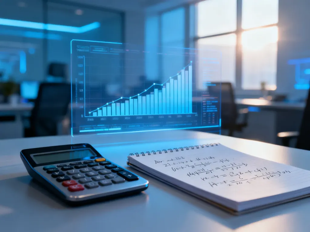 Nowoczesny kalkulator i notatnik z wzorami matematycznymi na tle wykresu wariancji w biurowym otoczeniu.