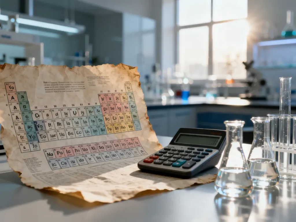 Układ okresowy pierwiastków, kalkulator i sprzęt laboratoryjny na stole, ilustrujące obliczenia chemiczne.