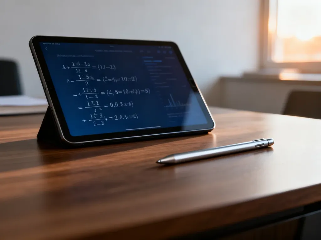 Nowoczesny tablet z wyświetlonymi obliczeniami statystycznymi na drewnianym biurku w słonecznym biurze.