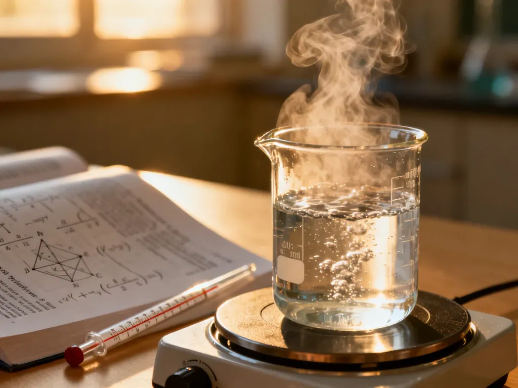 Wrząca woda w zlewce na płycie grzejnej, ilustrująca proces przemiany fazowej w kontekście obliczeń termodynamicznych.