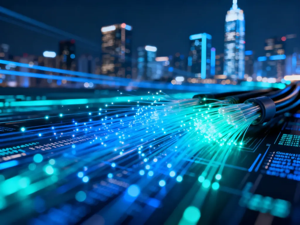 Futurystyczna wizualizacja szybkiego przesyłu danych za pomocą światłowodów, symbolizująca nowoczesną technologię 5G.
