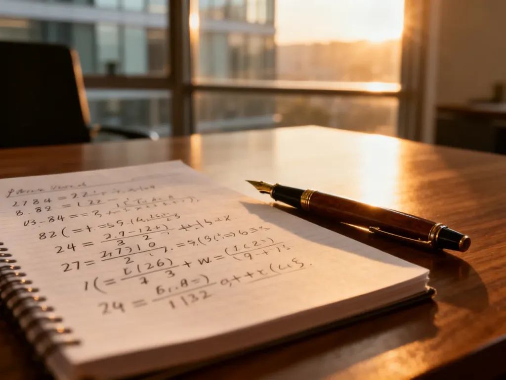 Notatnik z odręcznie zapisanymi wzorami matematycznymi i piórem wiecznym na biurku, ilustrujący obliczenia statystyczne.