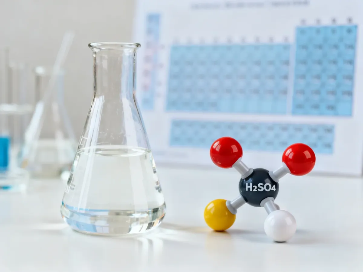 Model cząsteczki H2SO4 obok naczynia laboratoryjnego