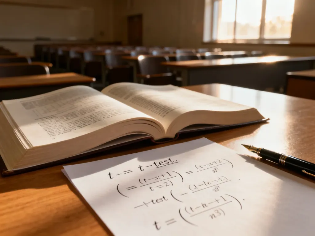 Otwarty podręcznik do statystyki i kartka z wzorem na test t Studenta na drewnianym biurku w akademickim otoczeniu.