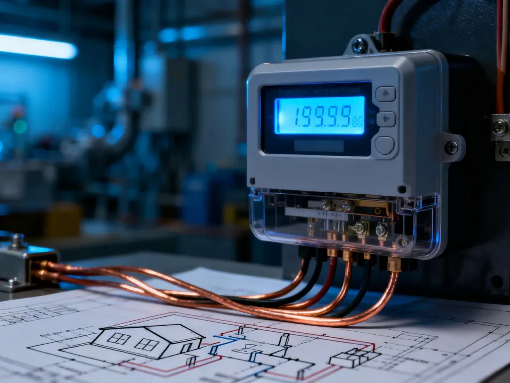 Cyfrowy licznik energii elektrycznej z widocznymi przewodami i schematem instalacji domowej na ciemnym tle.