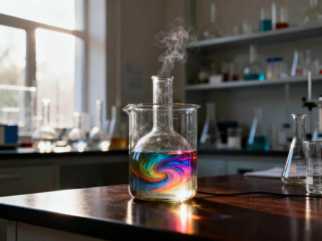 Kalorymetr laboratoryjny z wirującym roztworem chemicznym na drewnianym stole, ilustrujący proces pomiaru ciepła reakcji.